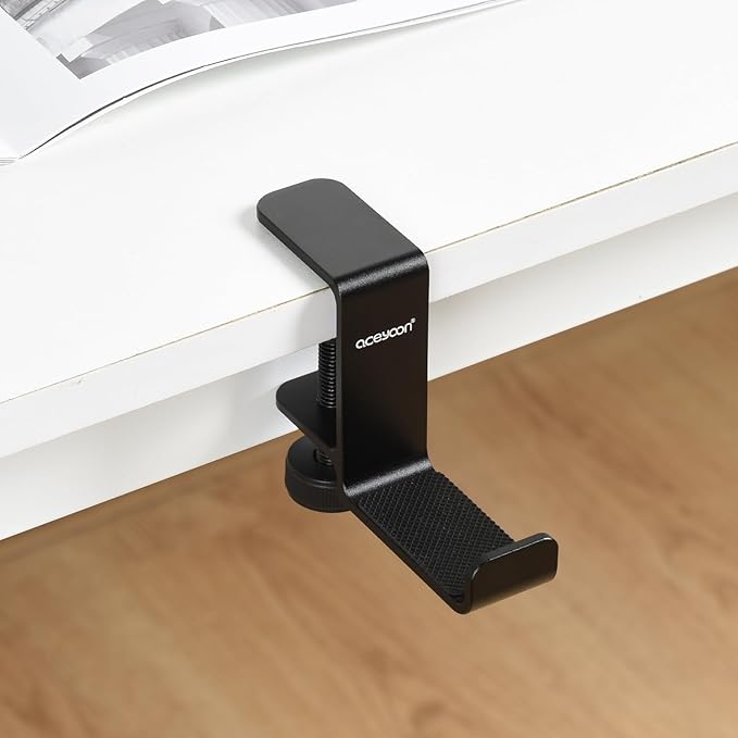 aceyoon Under Desk Headphone Hanger, Aluminum Headphone Stand,Headset Holder Space-Saving for Bag/Backpack/GamingHeadphone, Black