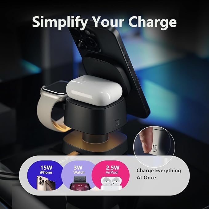 【2026 Upgraded】4 in 1 Wireless Charger, 3 in 1 Wireless Charging Station with Night Light for MagSafe Charger, 15W Magnetic Travel Stand for iPhone17/Air/Pro/Max/16/15/14, Apple Watch, Airpods (Black)