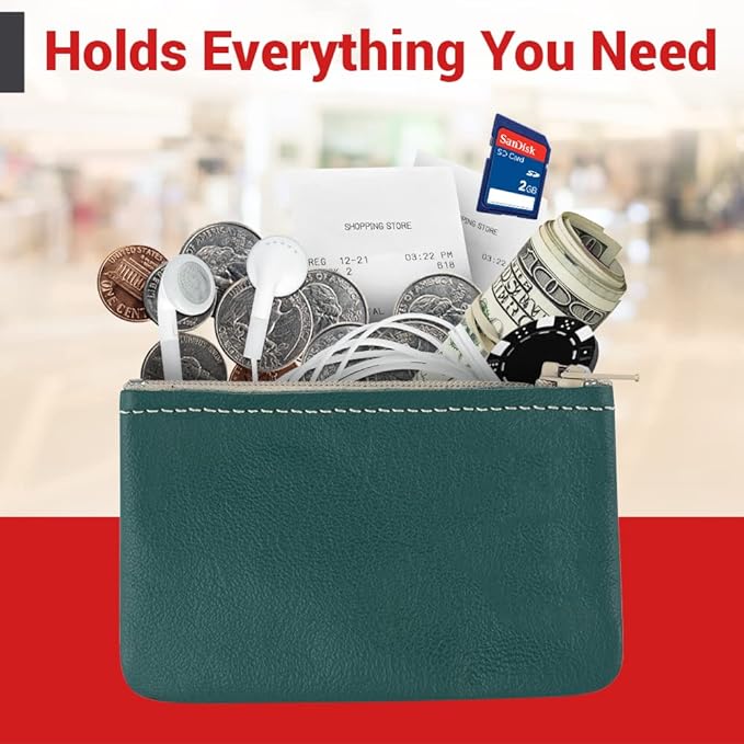 Genuine Leather Small Zipper Pouch Coin Purse for Women Change Holder for Men Size 4 x2.5 Made in U.S.A