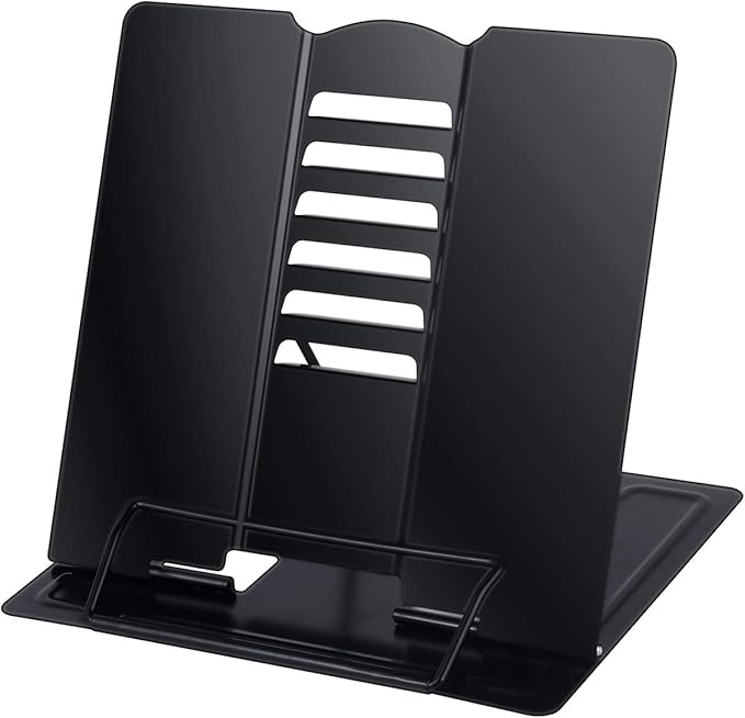 Blizzow Desk Book Stand Holder - Hands Free, Adjustable Metal Stand, Foldable Portable for Cookbook, Recipe, Tablet, Music, Documents (Black)