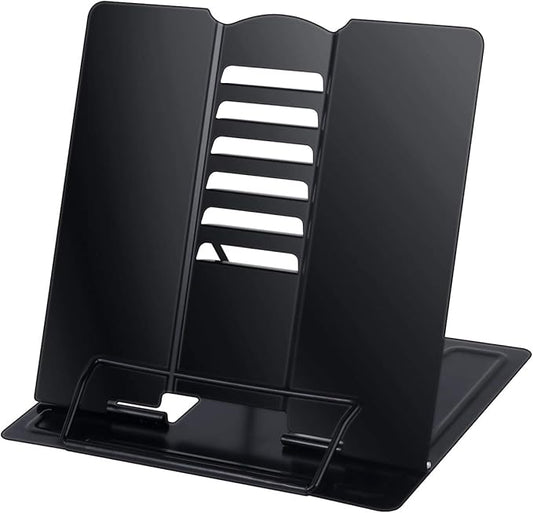 Blizzow Desk Book Stand Holder - Hands Free, Adjustable Metal Stand, Foldable Portable for Cookbook, Recipe, Tablet, Music, Documents (Black)