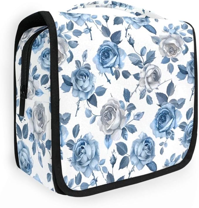 senya Hanging Travel Toiletry Bag Cute Kit Makeup Case Cosmetics Organizer for Men Women (Roses Blue White Pedals)