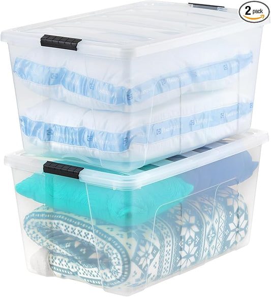 IRIS USA 94 Qt Stackable Plastic Storage Bins with Lids, 2 Pack - BPA-Free, Made in USA - See-Through Organizing Solution, Latches, Durable Nestable Containers, Secure Pull Handle - Clear
