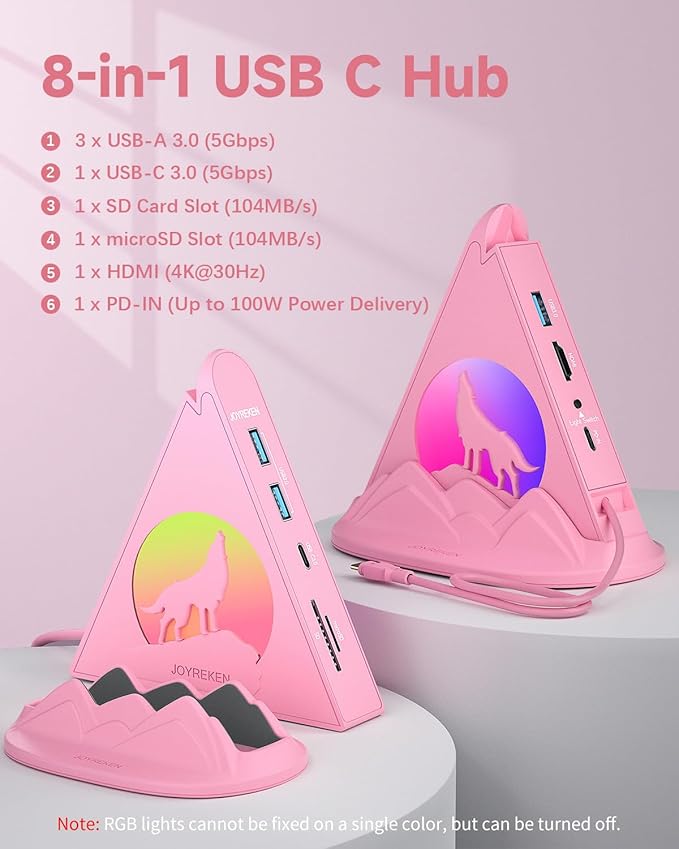 USB C Hub, Pink 8-in-1 Type C Multiport Adapter with 4K@30Hz HDMI, 100W PD, 5Gbps 1xUSB-C, 3xUSB-A 3.0, SD/TF Slots ï¼?RGB Lighting, Pink USB Hub for MacBook Air/Pro, iPad, iMac, Surface, XPS