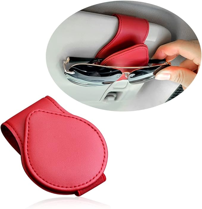 OFBAND Magnetic Sunglass Holder for Car Visor,PU Leather Car Sunglass Holder Organizes Glasses Tickets Cards & Keeps Car Tidy,Universal Car Accessories Interior (Red)