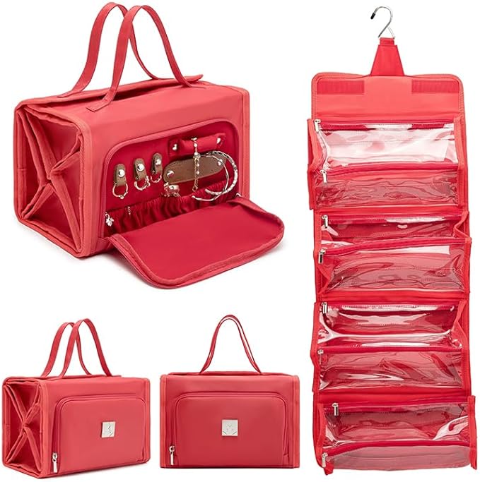 ROYALFAIR Roll Up Makeup Bag, Travel Toiletry Bag for Women with 4 Clear TSA Approved Pouches, Hanging Travel Organizer, Folding Cosmetic Bag for Men and Women (Red)