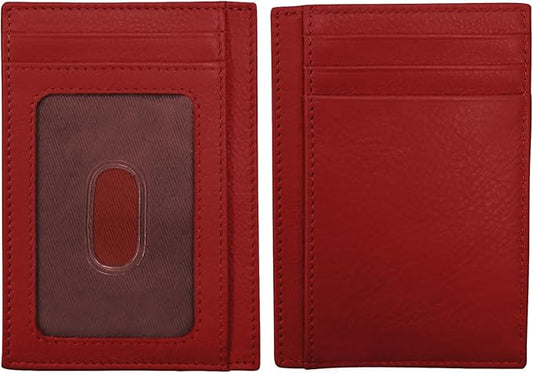 ili New York Genuine Leather Slim RFID Card Holder for Men - 7 Slots, Clear ID Window with Thumb Slide, Compact 4.5" x 3", Minimalist Credit Card Holder for Front or Back Pocket - Red