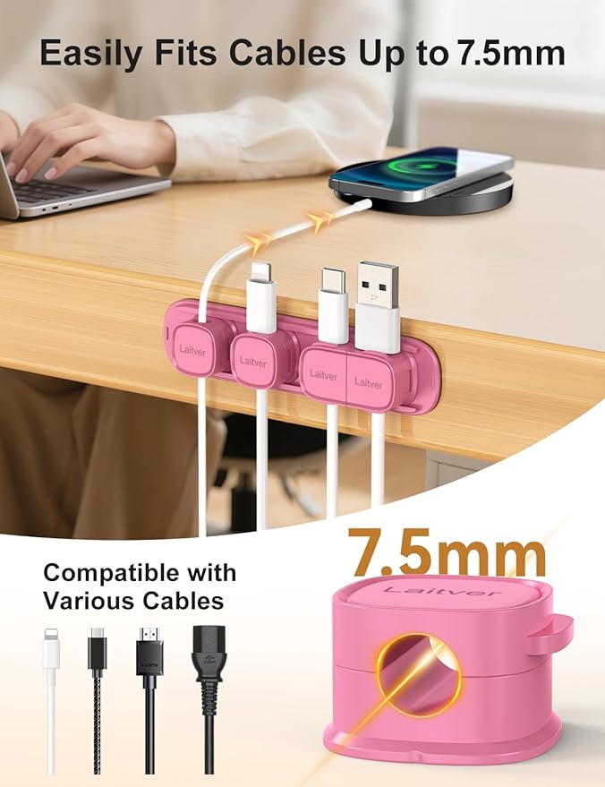 6 Pack Magnetic Cable Clips [1s Open/Lock], Laitver Cord Organizer Holder Strong Adhesive Desk Cable Management- Organize Charging Cords Neatly for Home, Office, Car,Desk, Nightstand-Rose Red