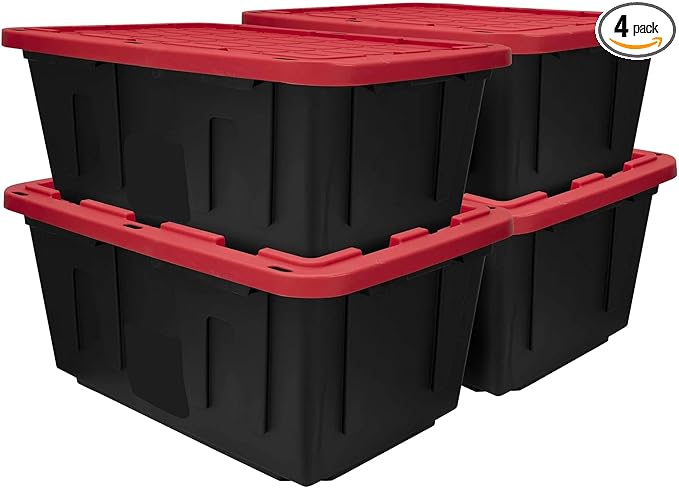 (Pack of 4) 27-Gallon Heavy Duty Plastic Storage Container Bin with Secure Snap Lid, Black and Red, Large Capacity Tote for Organization