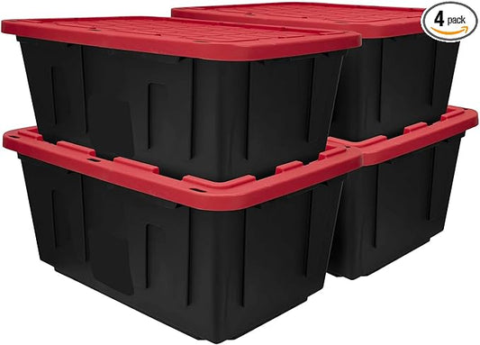(Pack of 4) 27-Gallon Heavy Duty Plastic Storage Container Bin with Secure Snap Lid, Black and Red, Large Capacity Tote for Organization