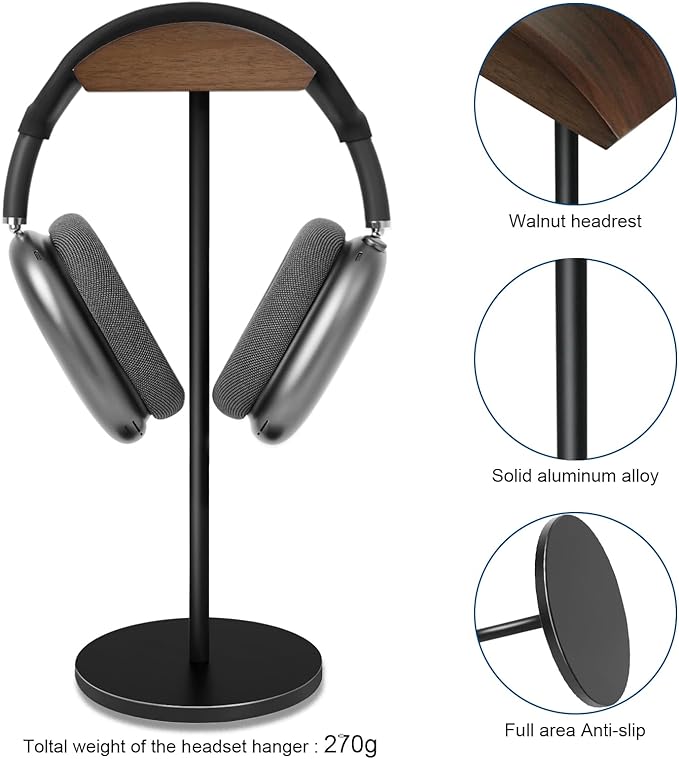 Headphone Stand for Desk - Headset Holder with Aluminum Alloy Support Rod, Gaming Headset Stand with Wooden Support Plate