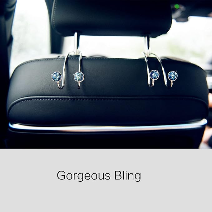 4 Pack Bling Bling Car Hooks, Universal Car Headrest Hooks, Strong Stainless Steel Car Seat Headrest Hanger Hooks for Purses & Grocery Bags (Blue)