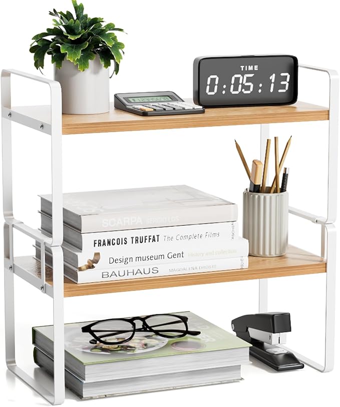 YGYQZ Desk Shelf Organizer for Top of Desk, Detachable 2 Tier Desktop Bookshelf, Wooden Desk Shelves Storage Rack, Small Desktop Shelf for Office Home Dorm, Tabletop Desk Organizer Stand (White Wood)