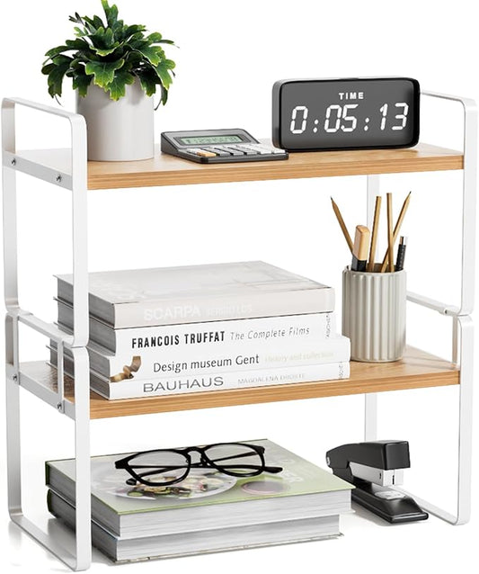 YGYQZ Desk Shelf Organizer for Top of Desk, Detachable 2 Tier Desktop Bookshelf, Wooden Desk Shelves Storage Rack, Small Desktop Shelf for Office Home Dorm, Tabletop Desk Organizer Stand (White Wood)