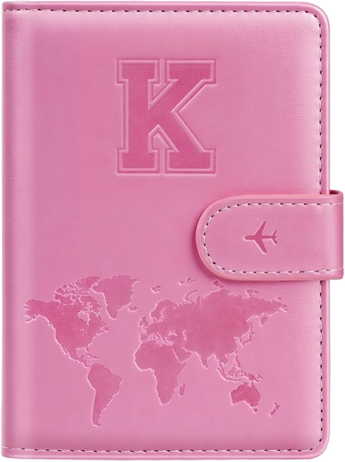 Passport Holder Cover Initail Letter A-Z Travel Wallet Embossed Design RFID Blocking Card Holder Personalized Gift Passport Cover Wallet, Passport Book Holders for Women and Girls, Pink-K