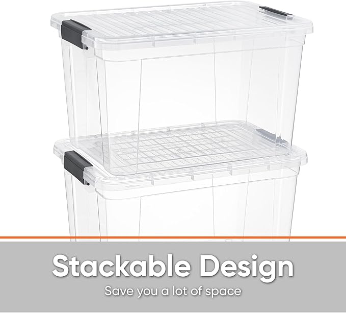 Superio Small Storage Bins with Lids- 3 Pack, 4.75 Qt Clear Boxes for Organizing, Stackable Plastic Containers- BPA Free, Non-Toxic, Odor Free, Organizer for Home, Office, Dorm