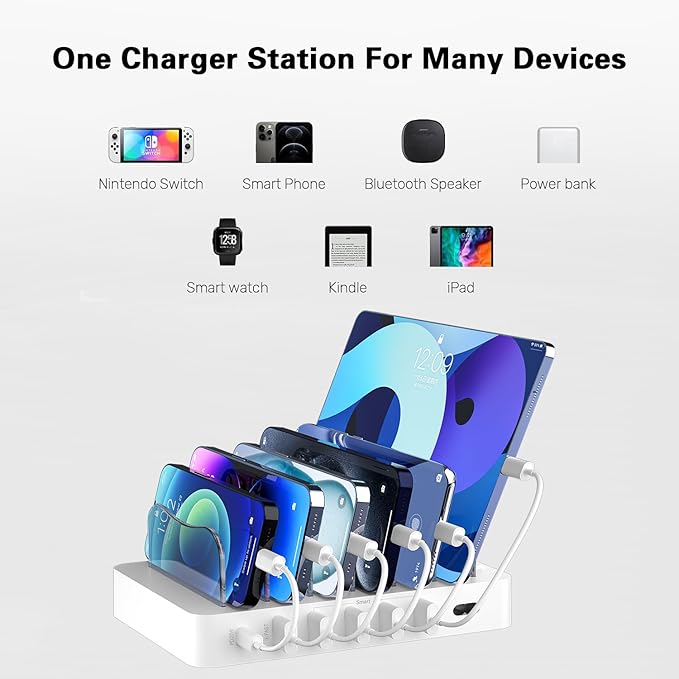 Charging Station for Multiple Devices,68W 6 Port 20W Fast Phone Charger Dock with 6 Cables, Compatible with Apple Cellphone iPad iPhone Tablet and Other Electronic(White)