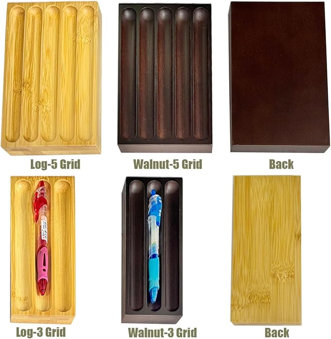 Pen Holder Organizer of Office Desks,Walnut Desk Pen Stand,Wave Pen TrayOffice Accessory,Teacher Gifts,Suitable for School,Home,Office Desktop Art Accessories (Log-5 Grid)