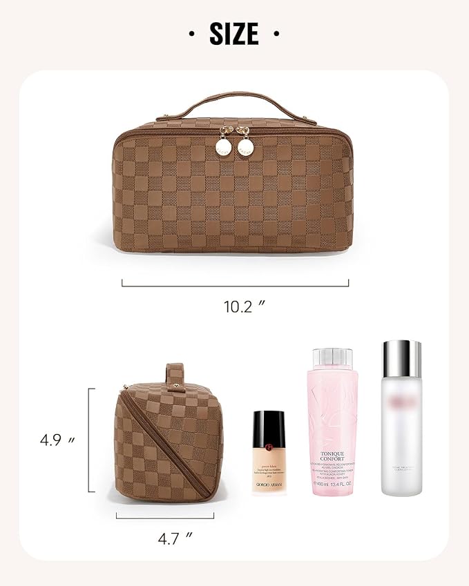 EACHY Travel Makeup Bag, Large Capacity Cosmetic Bag for Women, Waterproof PU Leather, Flat Open Portable Toiletry Bag for Skincare, Brushes & Travel Essentials