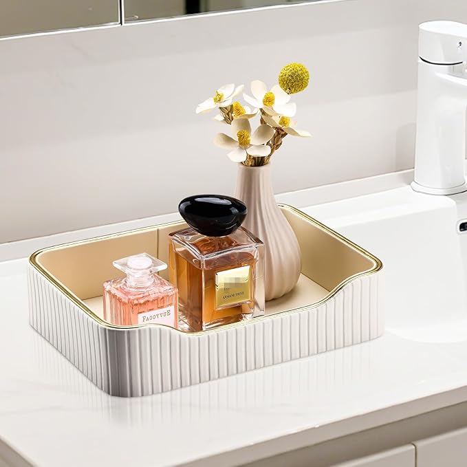 KINGFOM Prefume Tray, PU Leather Valet Tray Nightstand Organizer Trays for Men Women, Table Centerpieces Decorative Vanity Trays, Desk Organizer Tray for Key Jewelry Cosmetics (Ivory White)