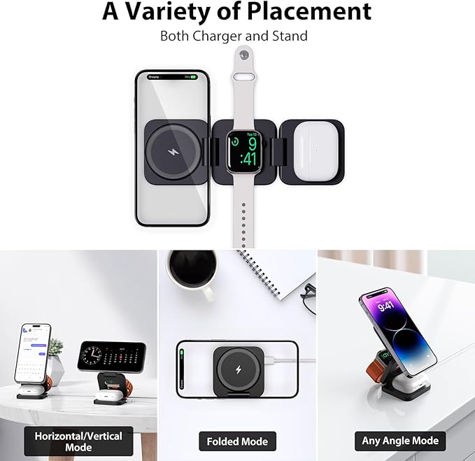 KU XIU Fast Wireless Charger, Magnetic Foldable 3 in 1 Charging Station for iPhone 17/16/15/14/13/12/Pro/Plus/Pro Max, 5W Portable Charger for Apple Watch10/9/8/7/6/5/4/3/SE, for Airpods3/2/Pro-Black