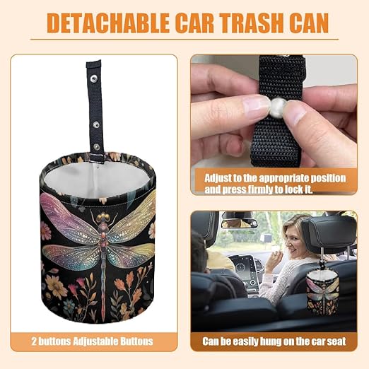 Dragonfly Flower Car Trash Can Waterproof Garbage Can Car-Seat Back Hanging Trash Bag Portable Camping Waste Bin Storage Bag Collapsible Rubbish Container for Cars (5.9" W,7.2" H)
