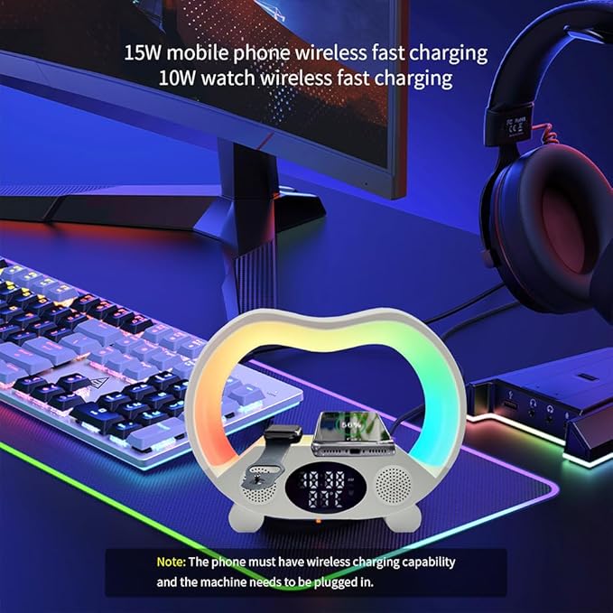 IHAO 6in1 Wireless Charging Station with Bluetooth Speaker Time&Temperature Display Alarm Clock 7-Color LED Night Lights Fast Charger for Phone, Apple Watch, Earbuds Remote Control Auto Shutoff-Pink