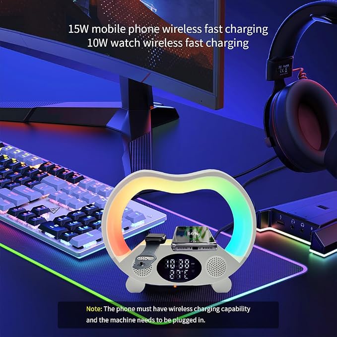 IHAO 6in1 Multi Functional Wireless Charger Bluetooth Speaker Time&Temperature Display Alarm Clock 7-Color LED Night Lights Fast Charger for Phone Apple Watch Earbuds Remote Control-White
