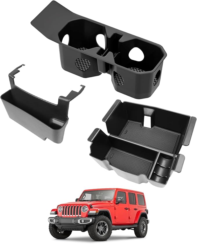 Center Console Organizer for 2018-2025 Jeep Wrangler JL JLU 4XE/Gladiator JT Hanging Center Console Armrest Box Cupholder Insert for Wrangler&Gladiator(Hanging+Armrest+Cupholder Organizer)