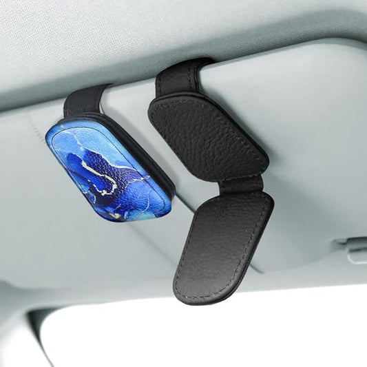 WIRESTER Sunglasses Holder Clip for Car Sun Visor, Leather Glasses Eyeglass Hanger Clip, Car Visor Accessories - Marble Gold and Blue