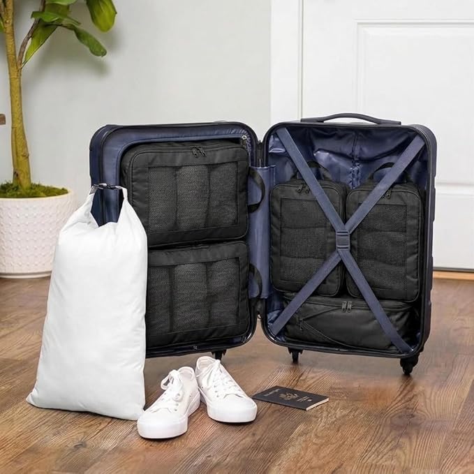 G-FORCE 3PC Compression Mesh Mid-Rectangular Packing Cube Set Black Color | Space Saver Travel Organizer | Luggage Compression Cubes