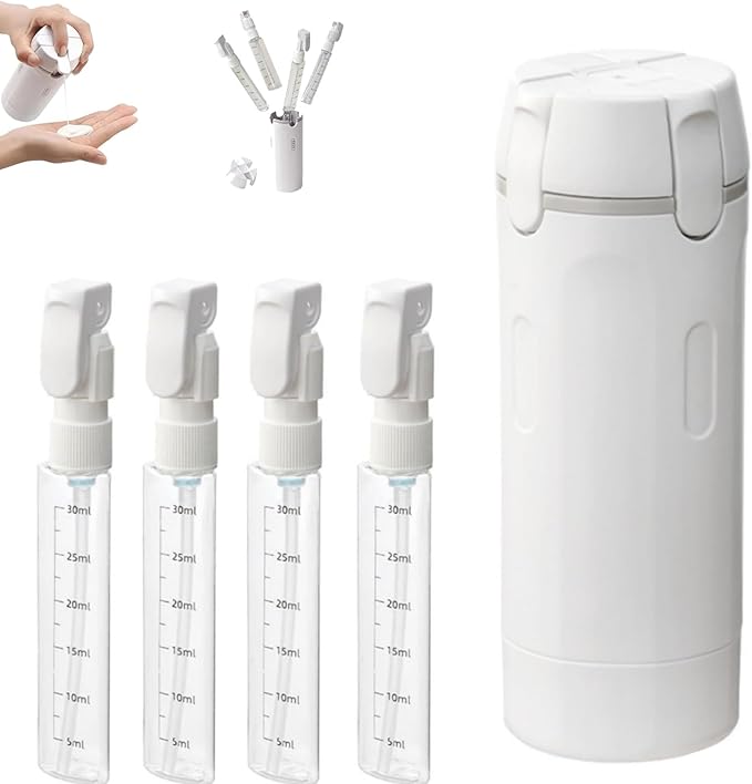 HISKI 4 in 1 Travel Bottles for Toiletries,Portable Travel Toiletries Bottle Set, Portable Containers for Shampoo Lotion Conditioner Cream Transparent with Scale and Label (White)