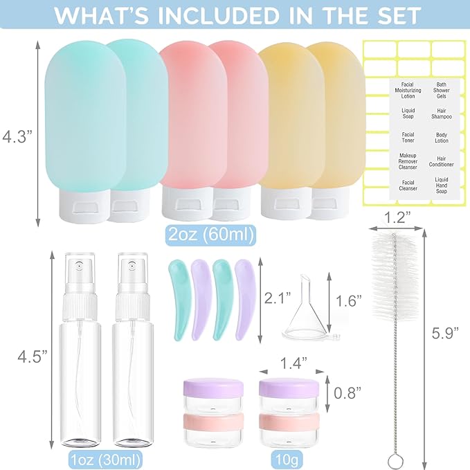 DEWSENSI 20 Pack Travel Bottles Set for Toiletries, TSA Approved Leak Proof Travel Size Containers Kit Portable Refillable Travel Accessories for Shampoo Conditioner Lotion Liquids (Multicolor B)