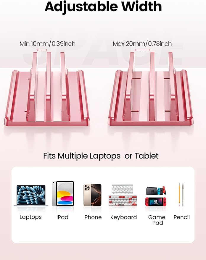 Vaydeer Vertical Laptop Stand for Desk, Dual Slots Plastic Laptop Holder with Space Saving 4-in-1 Design, Adjustable Laptop Stand Supports MacBook, Chromebook, Surface, Dell (Pink Rose)
