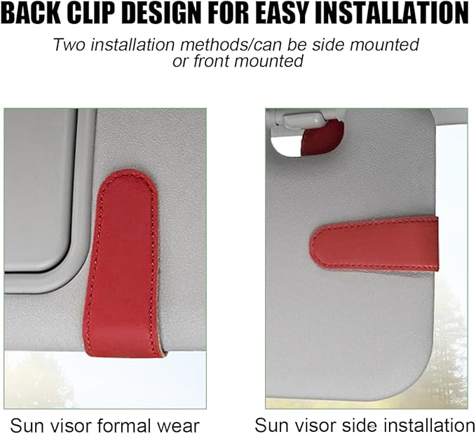 Sunglasses Holders for Car Visor, Magnetic Leather Vehicle Glasses Hanger with 2 Clips, Auto Interior Eyeglass Mount Organizer Accessories, Universal Fit (Red)