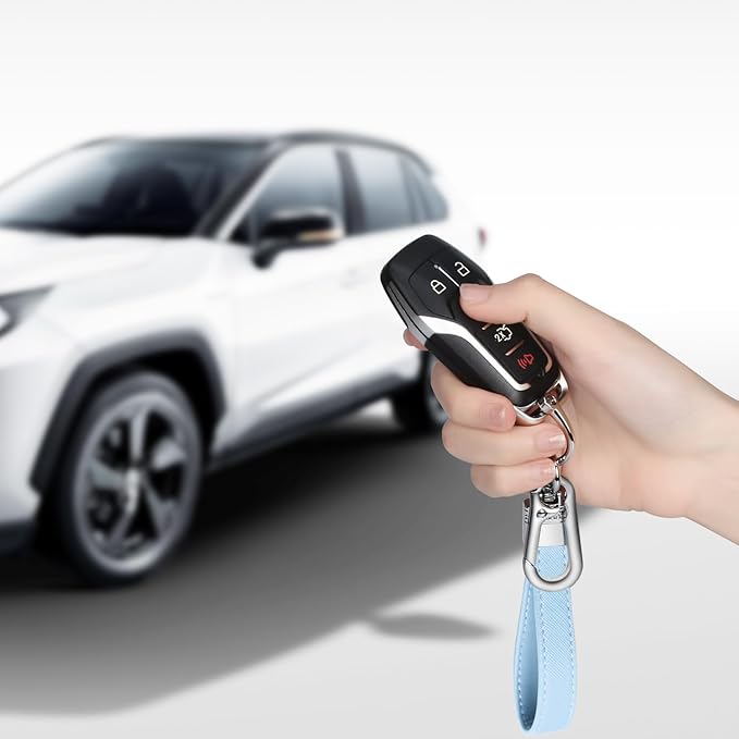 QBUC Genuine Leather Car Keychain,Universal Heavy Duty Metal Key Chain Accessories,Car Fob Key Keychain Holder with 360 Degree Rotatable Snap Swivel and Anti-Lost D-Ring for Men Women(Light Blue)