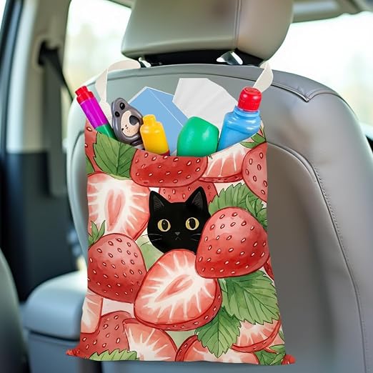 Black Cat Car Trash Bag, Strawberry Car Trash Bag Hanging, Strawberry Accessories, Summer Decor Waterproof Cars Back Seat Hanging Organizer Garbage Can for Vehicle Travelling Camping