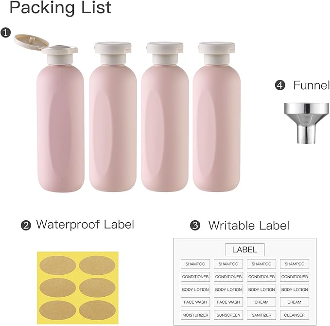 Empty Shampoo Bottles 6.7oz - Large Size Refillable Plastic Liquids Toiletry Containers - Empty Leak Proof Lotion Toiletries Dispenser - Pink Flip Cap Top Body Wash and Cosmetic Set 4 Pack
