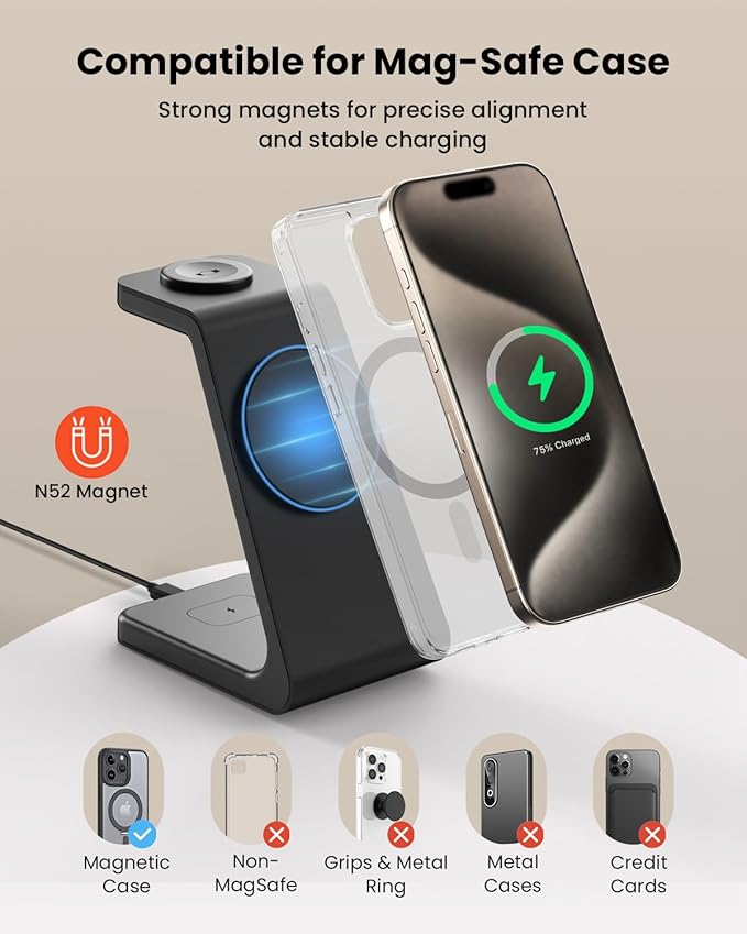 Magsafe Wireless Charging Station for iPhone: 3 in 1 15W Magnetic Portable Desktop Charging Station Qi2 Certified Charger Stand for iPhone17/16/15/14/13/12 Series, Apple Watch, AirPods 4/3/2/Pro