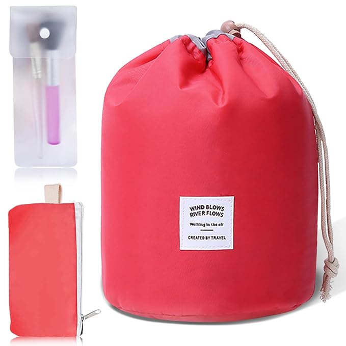 INVODA Drawstring Cosmetic Bag Travel Makeup Bag for Women Toiletry Bag Portable Drawstring Make up Organizer Bag for Travel (Red)