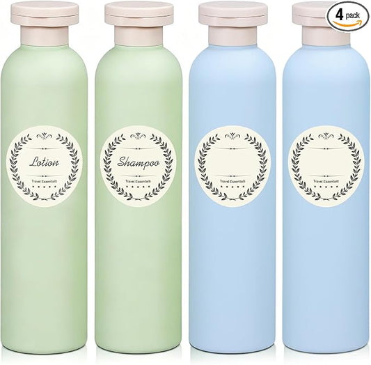 METAPACK 4Pack 8.8oz Travel Shampoo Bottles with Labels, Refillable Travel Bottles, Flip Top Squeeze Bottles, Portable Plastic Toiletry Containers for Lotion, Conditioner & Body Wash(green, blue)