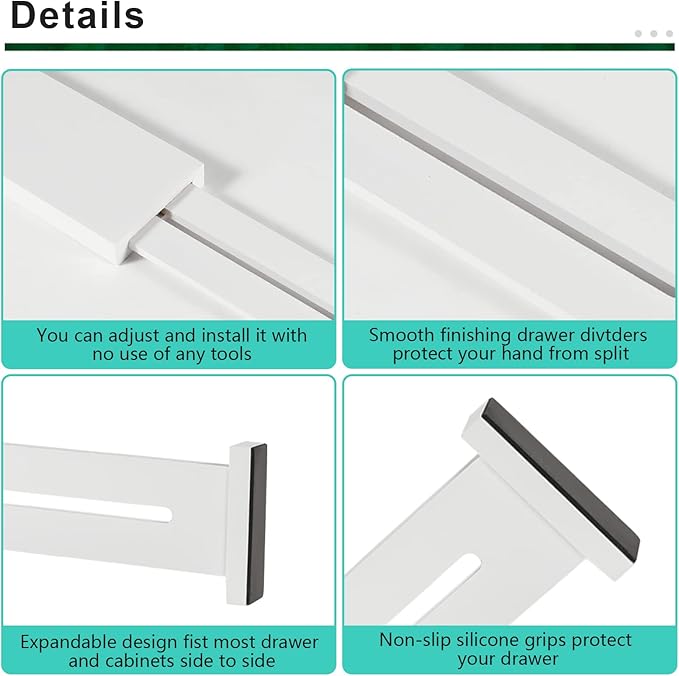 4 Pack Bamboo Drawer Dividers 2.6" High, Adjustable Length from 12 Inch to 17 Inch, Expandable Kitchen Drawer Organizer Separators for Clothes, Kitchen, Bedroom, Dresser, Office (White)
