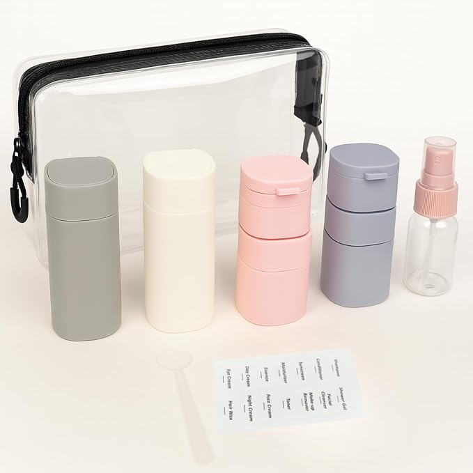 9pc Travel Toiletry Containers Bottles Jars Set Leakproof Cream Dispenser w/Carry Bag TSA Approved Refillable for Airplane Travel, Gym (Mix A)