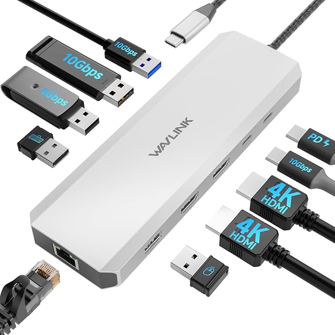 Laptop Docking Station, WAVLINK 10Gbps Docking Station with Dual HDMI, 100W PD in, 10Gbps USB-A/C 3.2, 5Gbps USB-A, USB2.0, Gigabit Ethernet for Dell/HP/Lenovo etc, Windows Systerm Computer Only