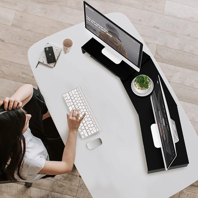 TAVR Dual Monitor Stand Riser Office Desktop Organizer Stand for 2 Monitors, Adjustable Length and Angle 3 Shelf, Extra Long Multifunctional Wooden Stand up to 43.3" fit Computer, Laptop, TV, Black