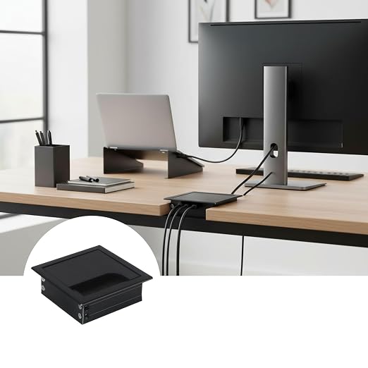 Desktop Cable Management Cover for Desk Organization - Aluminum Alloy Cable Box with Brush Seal (Black, 8.0x8.0x2.8 cm)