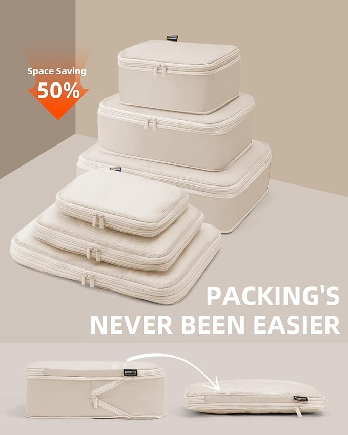 Compression Packing Cubes for Travel, 6-Piece Set (Large/Medium/Small), Double-Zip Luggage Organizers for Suitcase & Carry-On, Clothes Storage Bags (Cream White, 6 Pack)