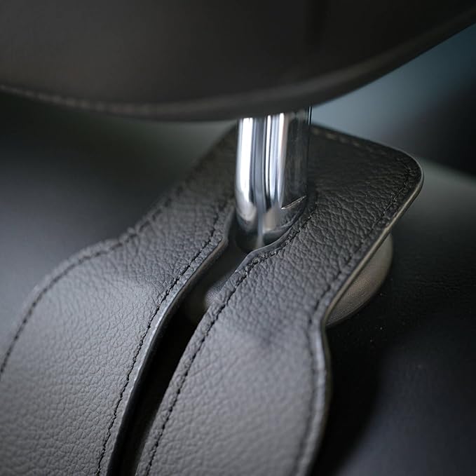 Jayanes Genuine Leather Car Seat Hooks for Headrest - Flexible Car Seat Back Storage Hook for Purses and Bags, Upgraded Car Purse Hook Holder Hanger Organizer for Head Rest (Black-2 Pack)