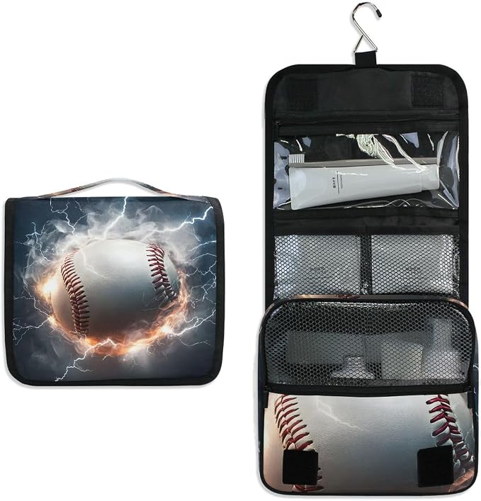 senya Hanging Travel Toiletry Bag Kit Makeup Case Cosmetics Organizer for Men Women (Lightning Baseball)