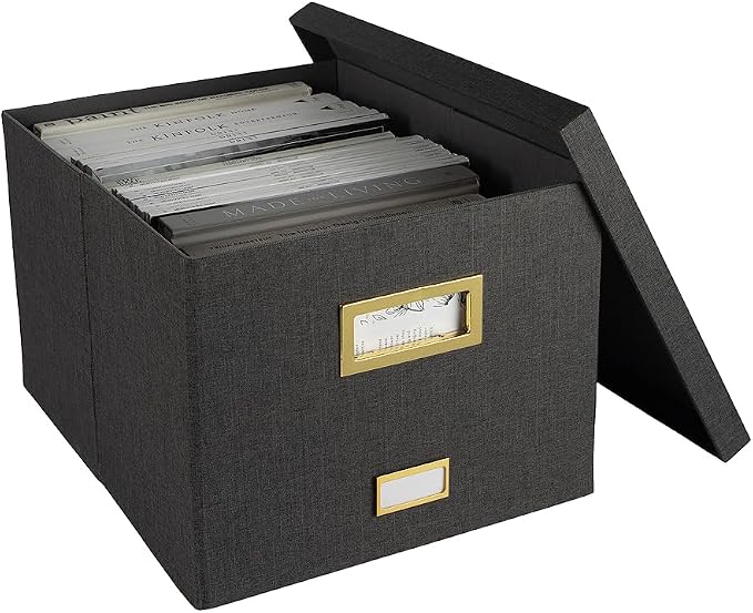 BLU MONACO | Desktop Hanging File Organizer Box with Lid | Hanging File Organizer for Desk in Grey Linen | File Bins with Lids for School and Office Storage